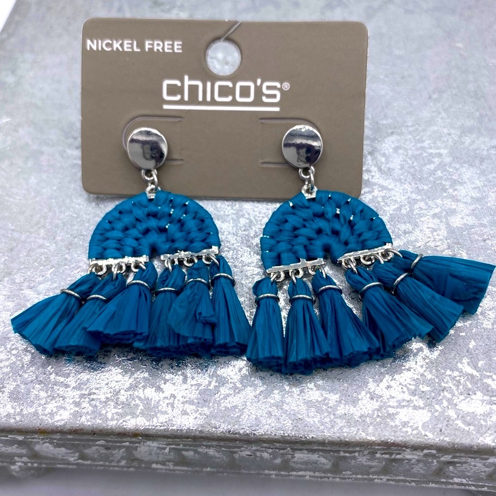Chico's Vibrant Blue Tassel Earrings Silver tone Pierced Earrings NWT